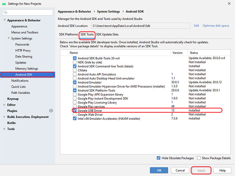 Google USB Driver in Android Studio's SDK Manager