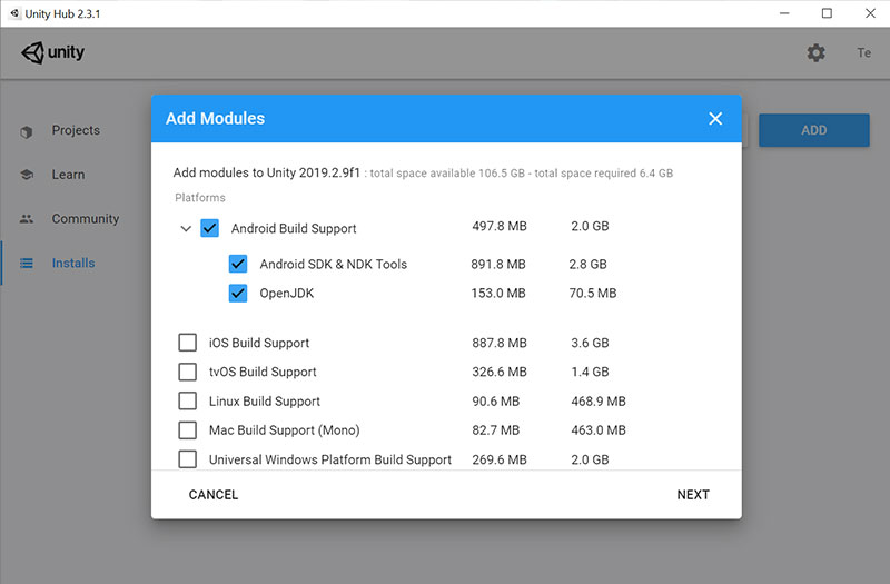 Android Build Support modules for Unity Remote