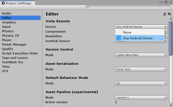 Setting the Unity Remote device