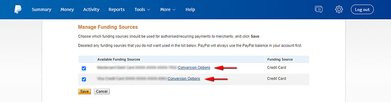 Set your conversion options in PayPal