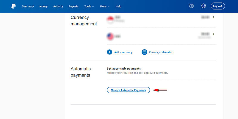 PayPal's Manage automatic payments page