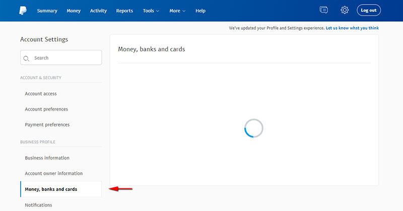 PayPal's Money, Banks and Cards page