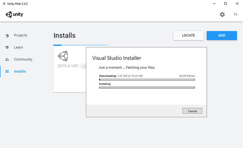 Unity Visual Studio Installer progress