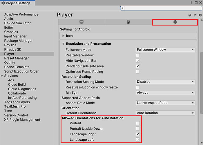 Player Settings - Allowed Orientations