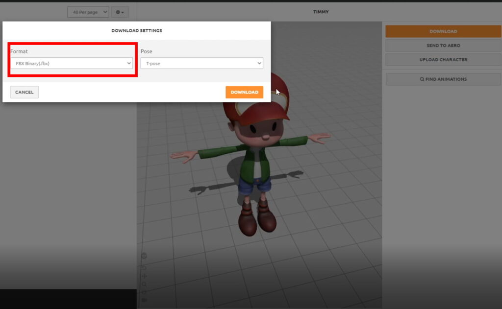 Downloading the Timmy Mixamo character