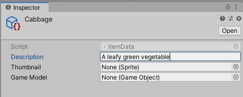 ItemData ScriptableObject in the inspector