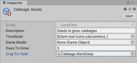 seeds scriptableobject in the inspector