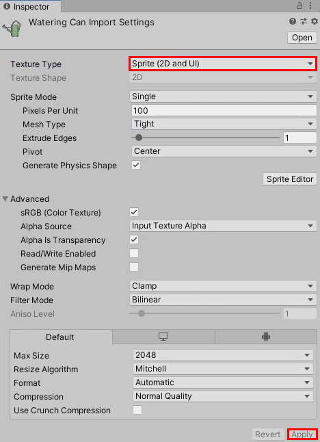 watering can import settings