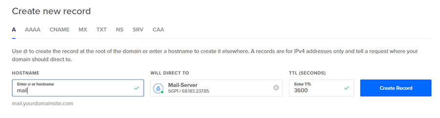 Creating an A record for your mail server