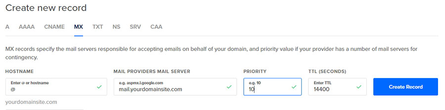 Creating an MX record to point to your mail server