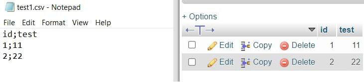 The CSV and the imported table