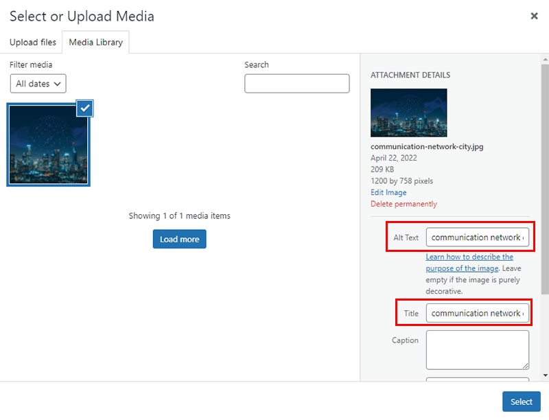 fill in fields in WordPress media library