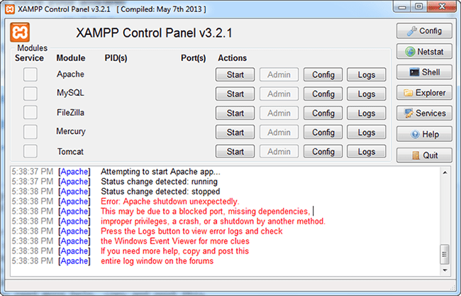XAMPP Control Panel Apache Error