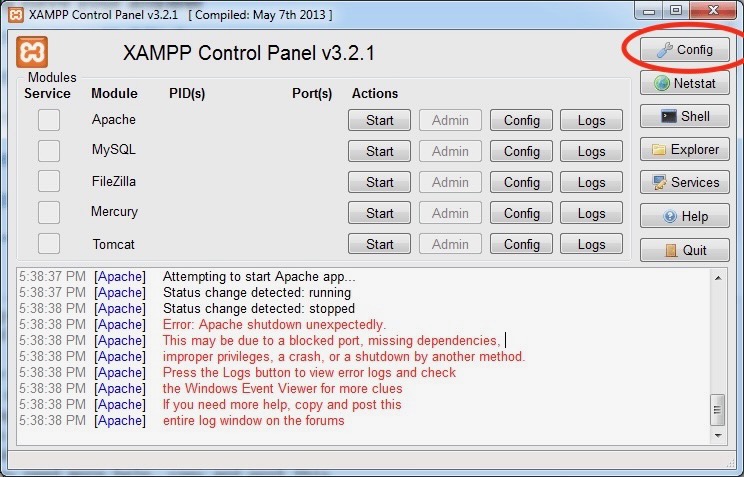 The Config button in XAMPP Apache