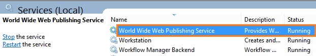 The World Wide Web Publishing Service on the Service Manager.