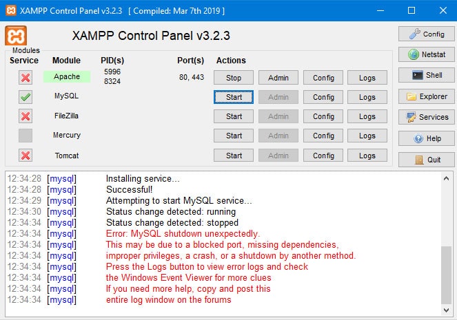 MySQL fails to start on XAMPP