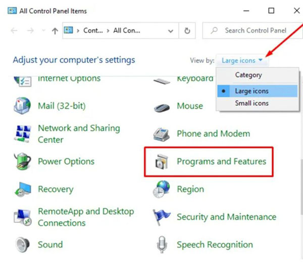 Programs and Features in Control Panel