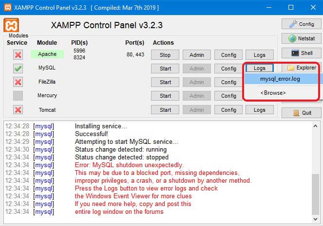 XAMPP Control Panel mysql_error.log