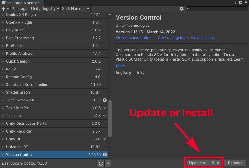 unity updating version control