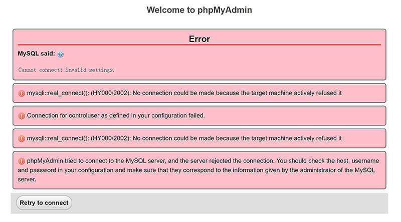 phpMyAdmin connection refused