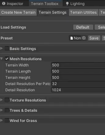 inspector terrain toolbox unity game engine programming settings