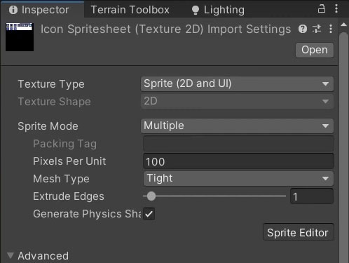 Settings for the icons' sprite sheet