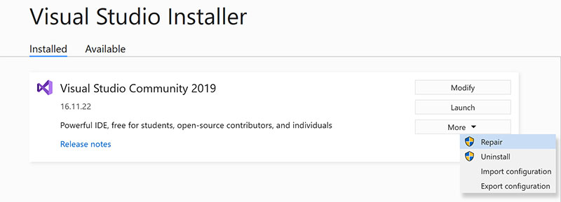 Repair Visual Studio installation