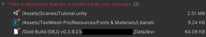 Unity Plastic SCM file merge conflicts, image of files in the repository that conflict with changes made