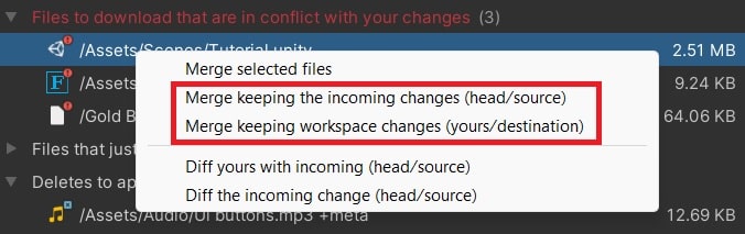 Unity Editor Plastic SCM merge conflict right-click options, merge keeping the incoming changes, merge keeping workspace changes