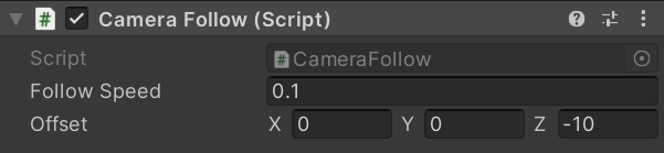 Shows the settings for the CameraFollow script