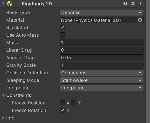 This shows the reader the correct settimgs for their rigidbody2d component