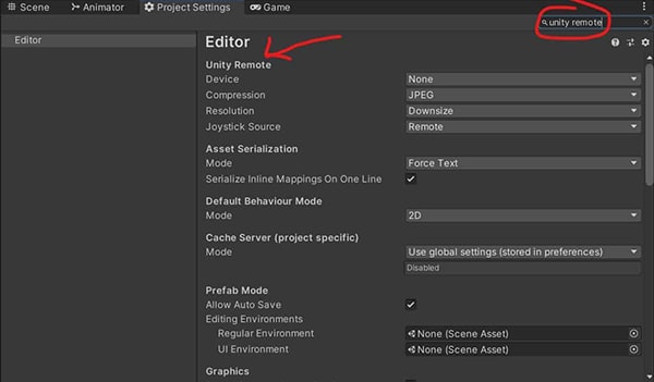 Finding the Unity Remote option using the search bar in Project Settings.