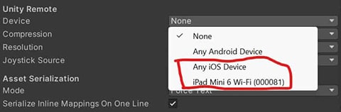 Selecting a device for Unity Remote,