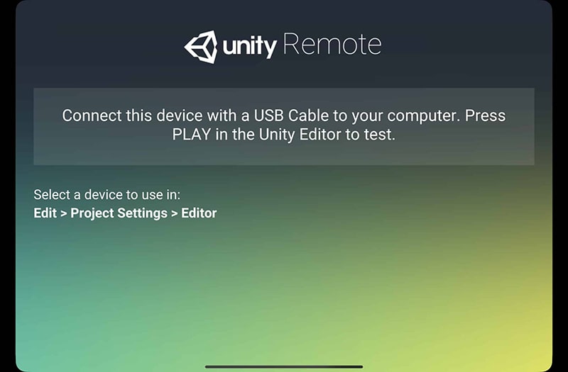 Unity Remote 5's home screen on iOS