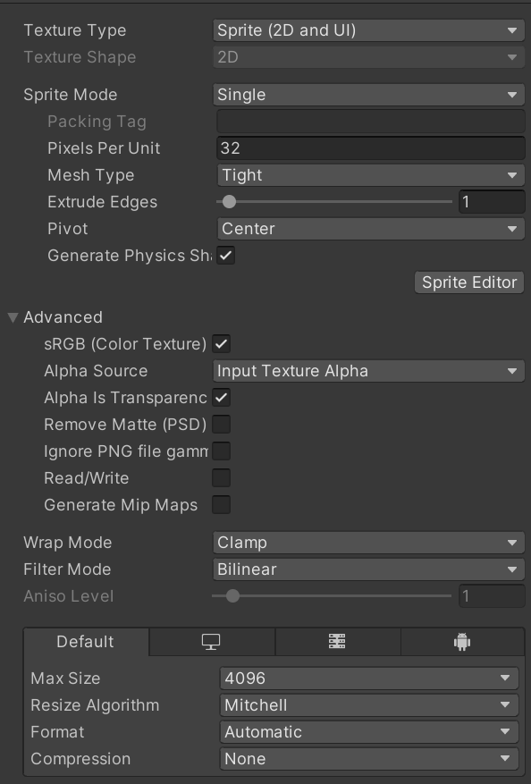 the sprite settings for the vegetation sprites