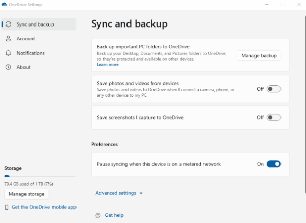 Turning off OneDrive backups