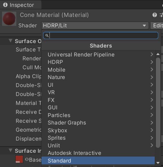 Unity Inspector showing Material, selecting the Standard Shader as Material Shader.
