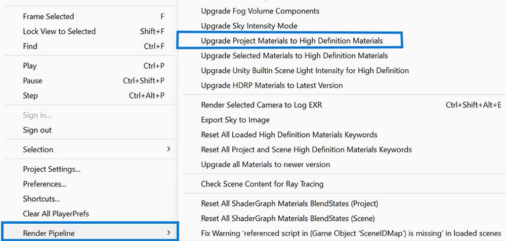 Unity Render Pipeline submenu with "Upgrade Project Materials to High Definition Materials" highlighted.