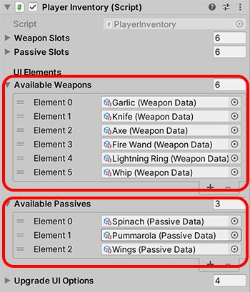 Available Weapons and Passives