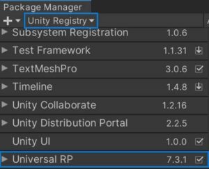 Unity's Package Manager, showing the Universal RP Package under Unity Registry