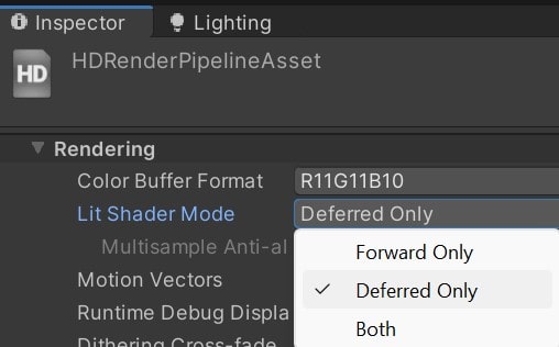 Unity HD Pipeline Asset with Lit Shader Mode highlighted.