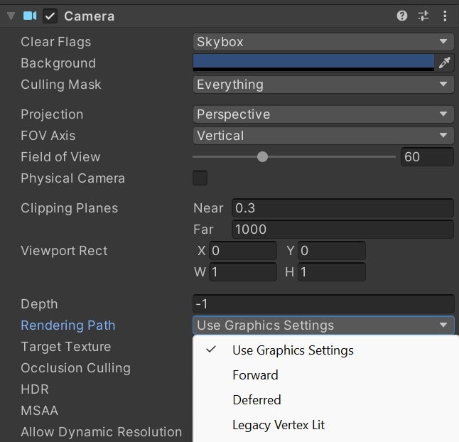 Unity's Camera Component showing the different rendering paths