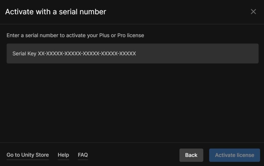 Unity Hub's Serial Key Activation page.