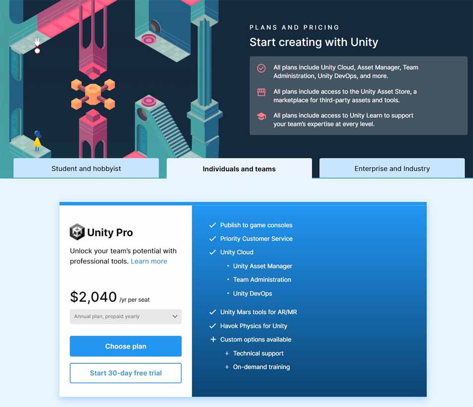 Payment details for Unity Pro