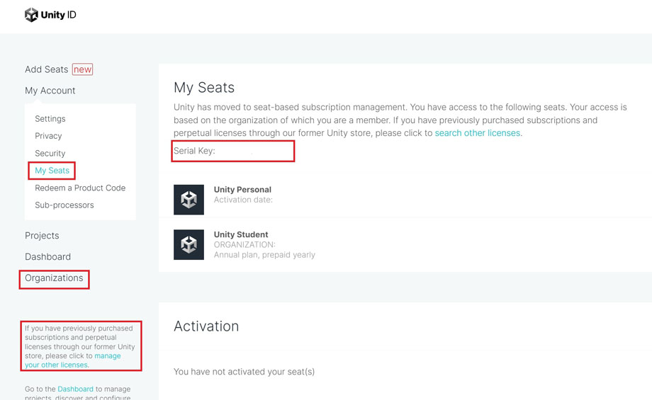 Profile page's license activation tools.