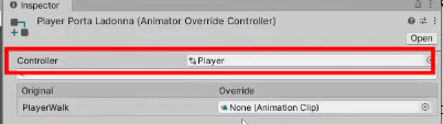 Assigning the Player Animator Controller to the new Animator Override Controller