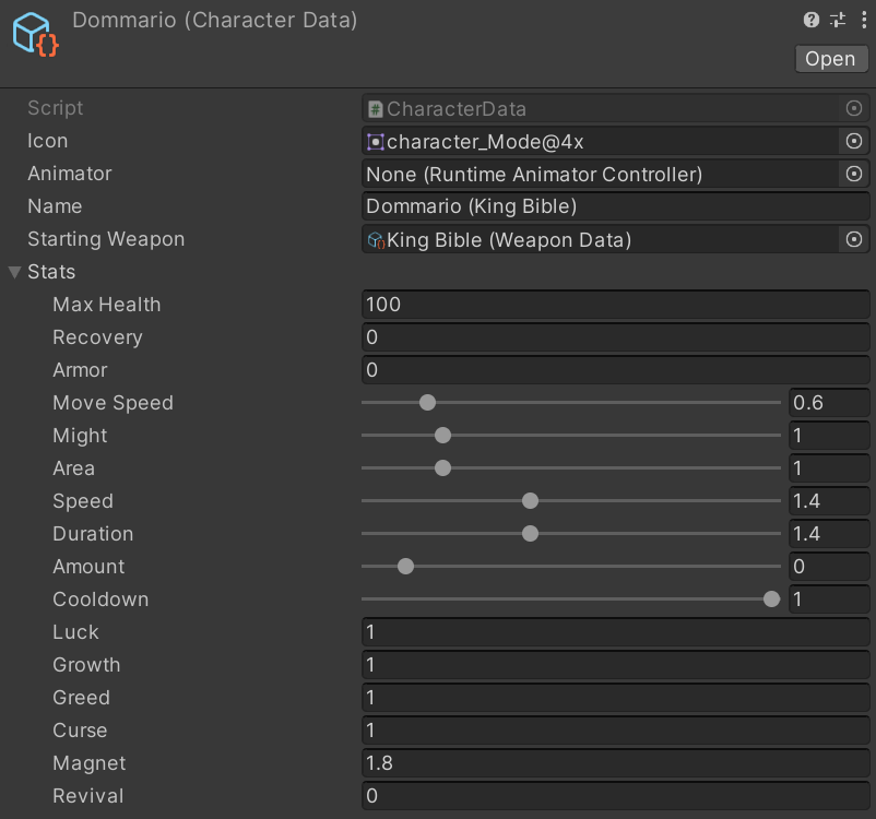 The stats I used for my King Bible Character (Dommario)