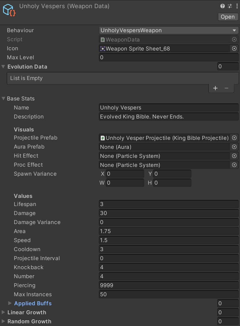 The Unholy Vesper's Weapon Data