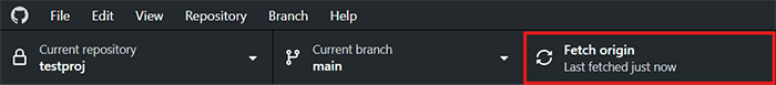 A screenshot of the github desktop topbar with the fetch origin button highlighted.