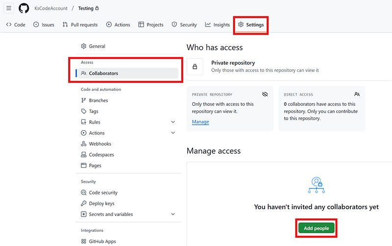 How to navigate to the 'Add People' button in Github's Settings page.